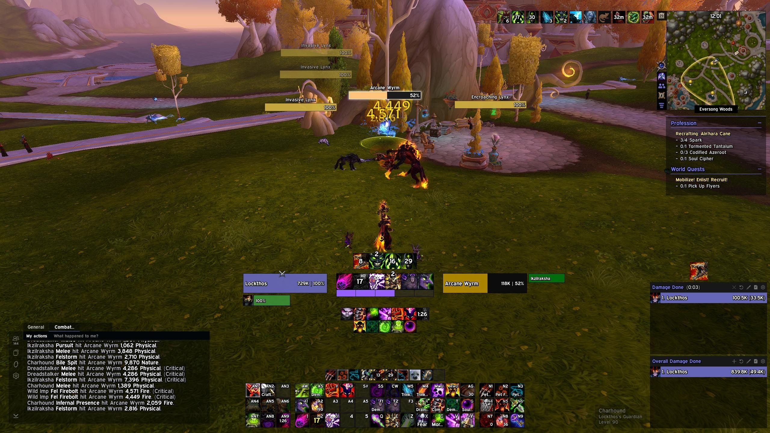 My EllesmereUI interface at 1440p in the open world: unit frames, centred cooldowns and resource bar, action bars, chat, damage meters, quest tracker and minimap