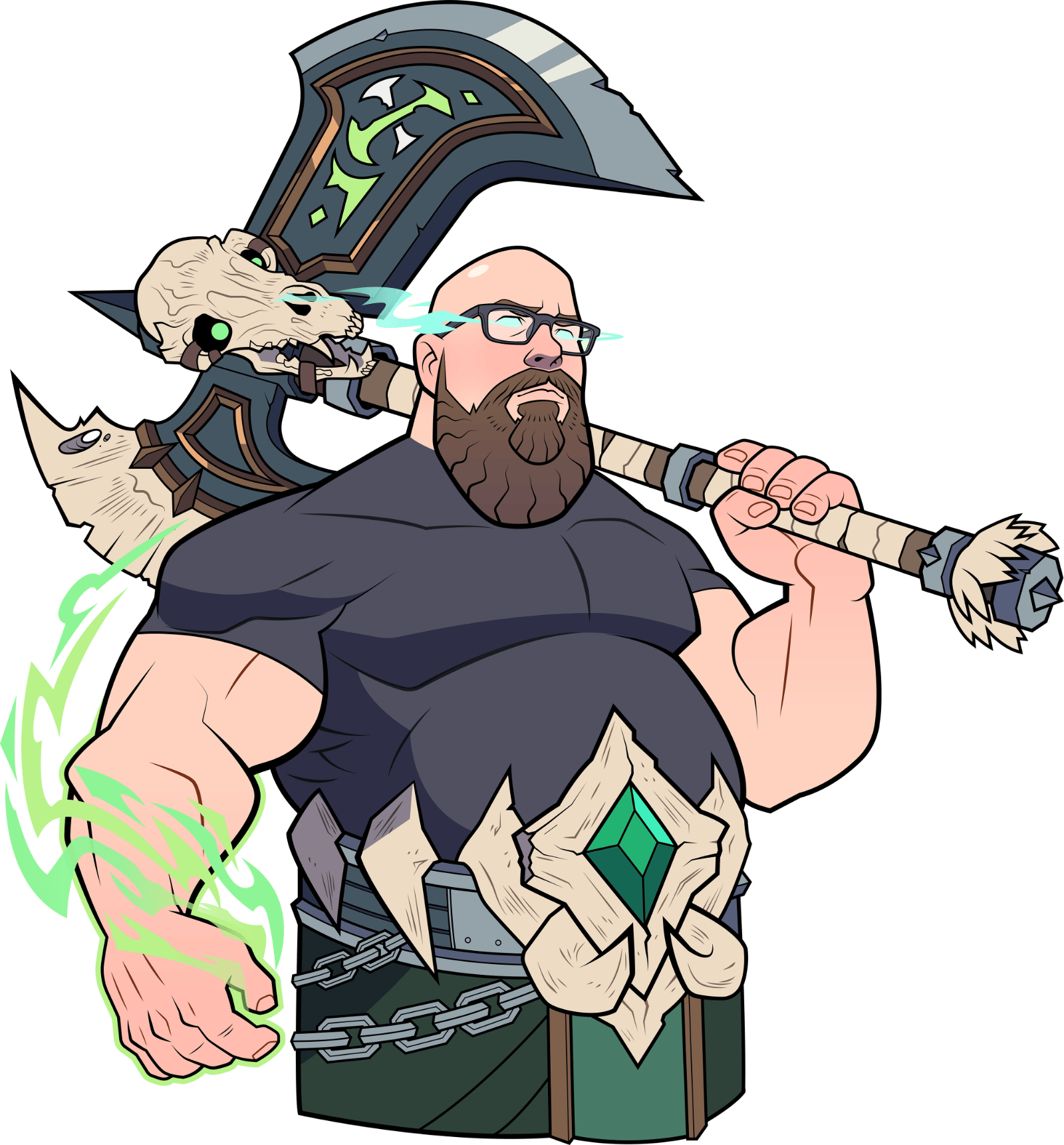 Illustration of Luxthos: bald, bearded and wearing glasses, with a huge skull-topped axe over one shoulder